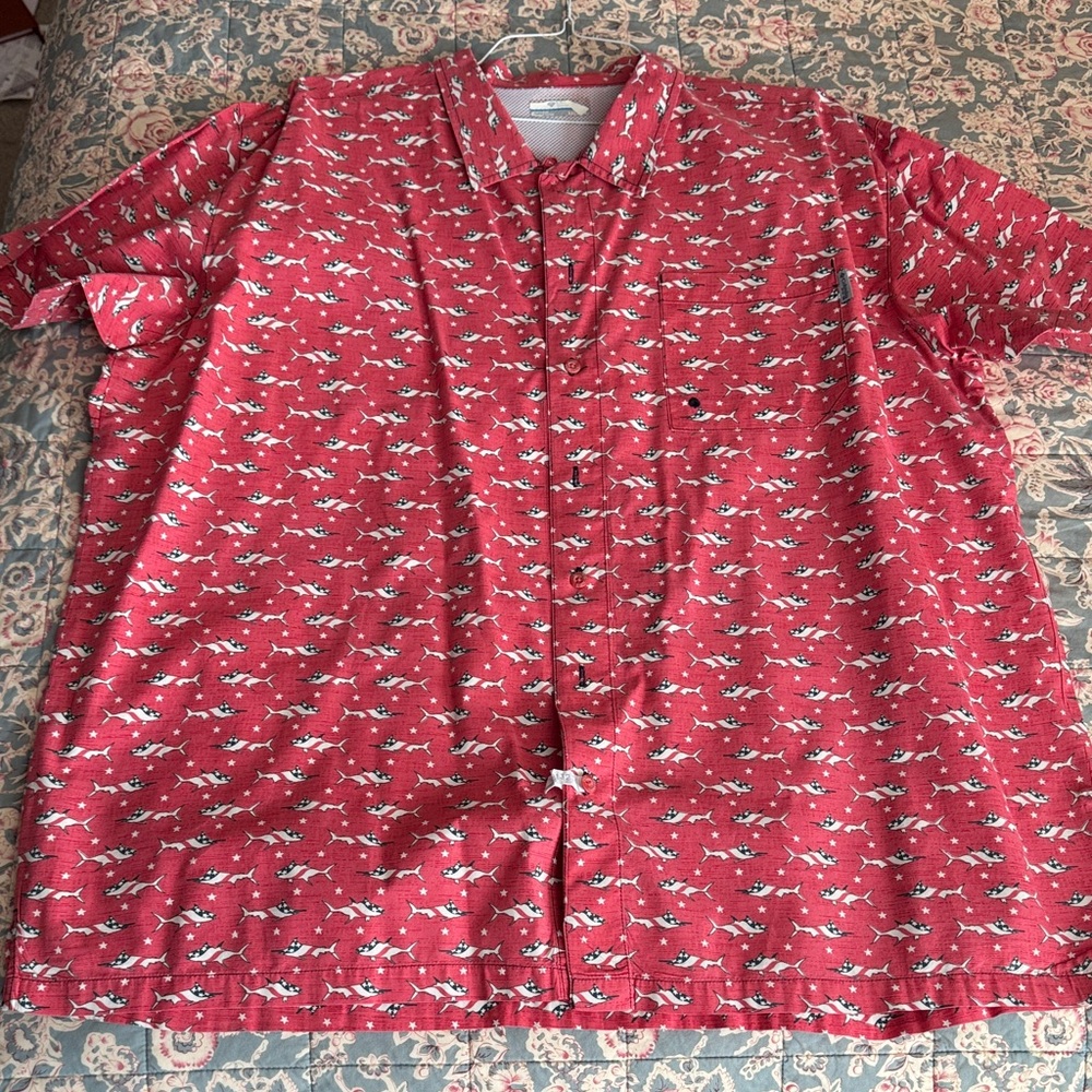 Columbia Faded Red Patriotic Sailfish Patterned Men's Casual Shirt-XXL